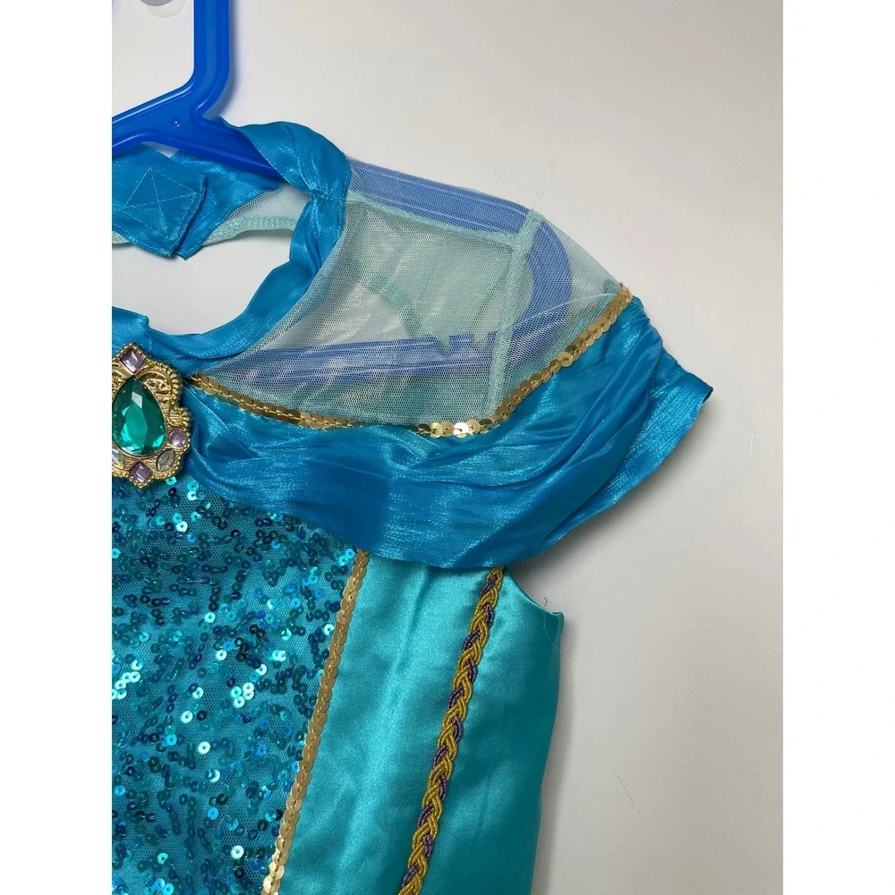 Disney Princess Jasmine Costume Kids M 9/10 Turquoise Gold Sequin 2 pc Set